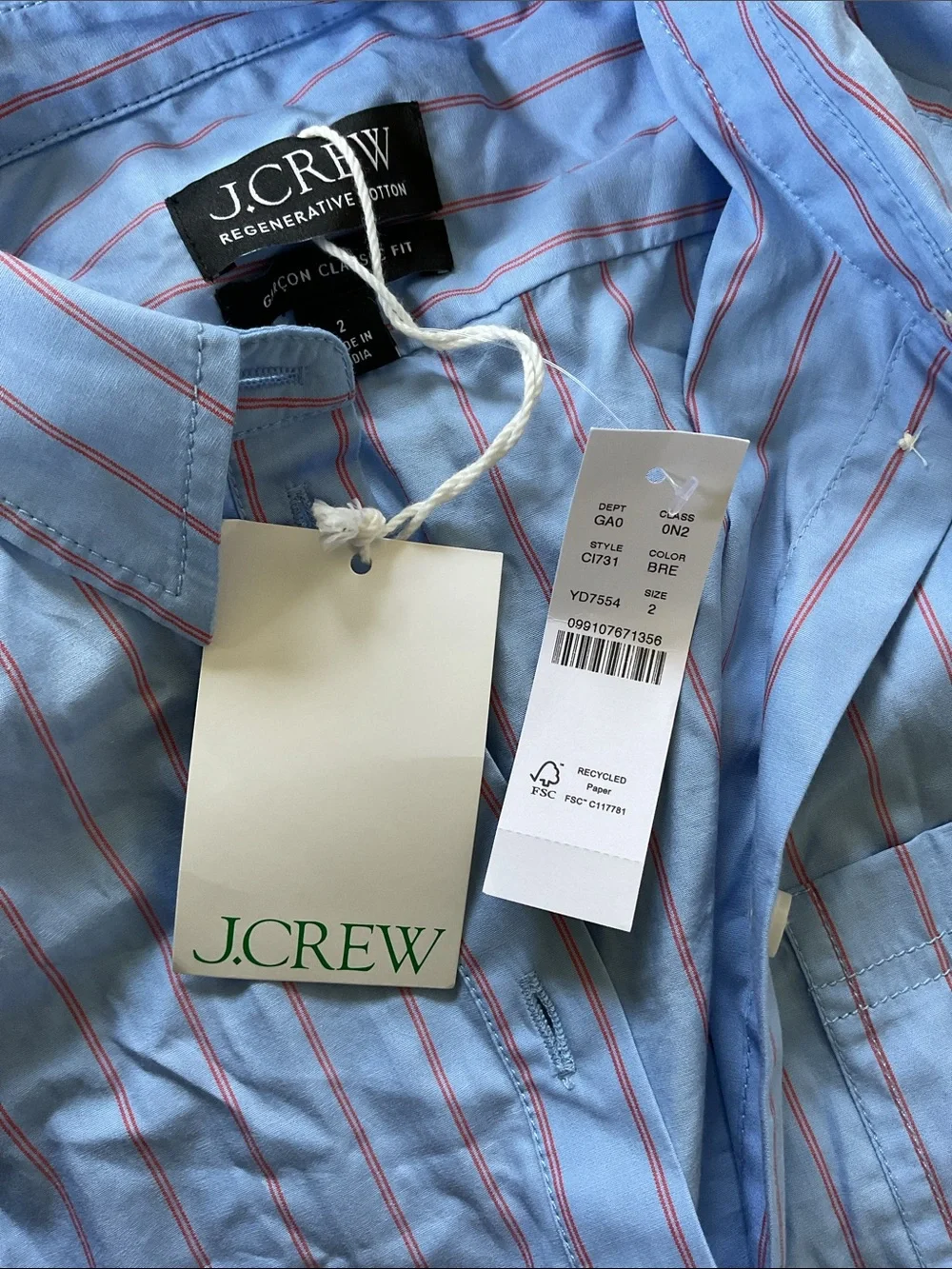 J. Crew Light Blue Button-Up Shirt with Red Pinstripes